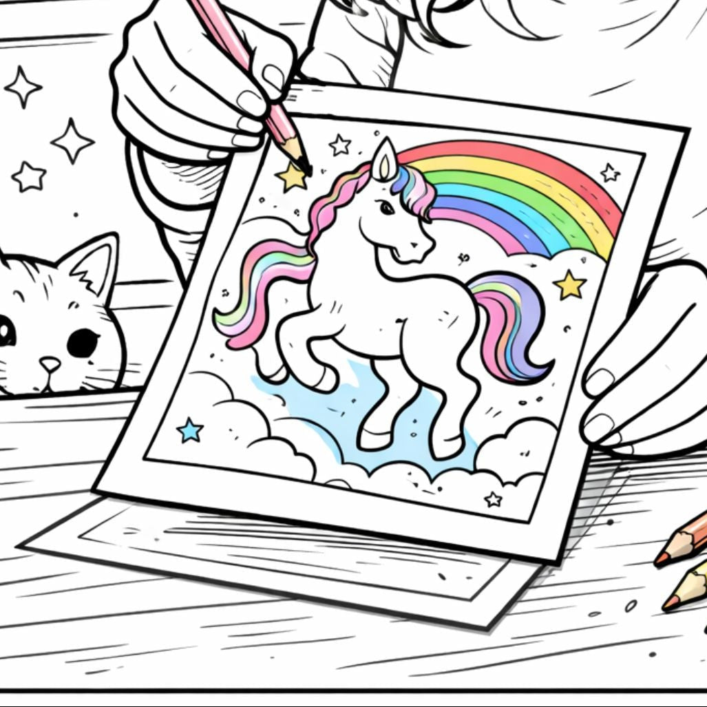 Coloring book page of a girl drawing a unicorn with a rainbow.