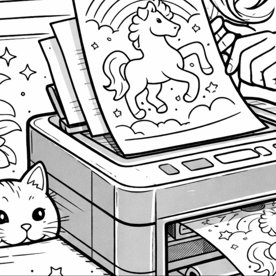 Coloring book page with a girl using a printer in a space-themed room.