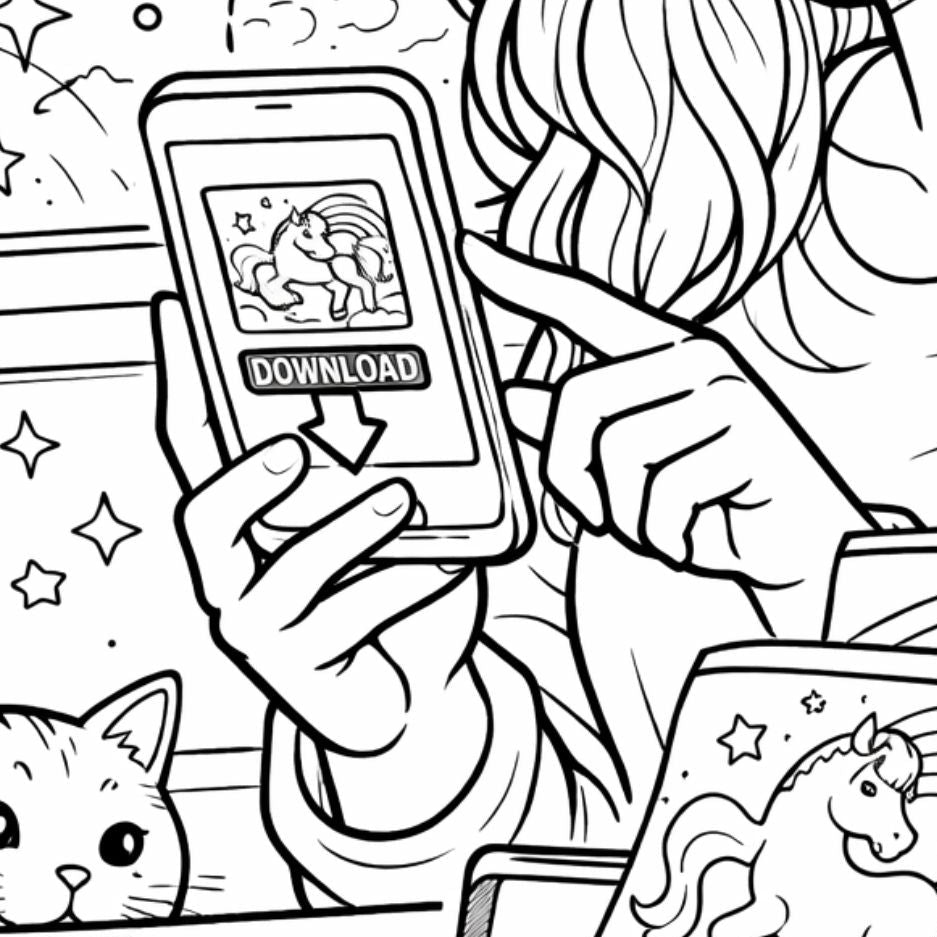 Coloring page of a girl using a tablet with a unicorn app, surrounded by space-themed elements.
