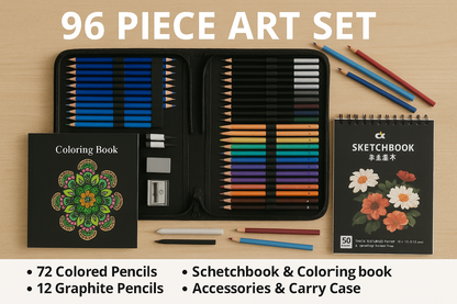 Comet set-96-Piece Art Set with Colored & Graphite Pencils, Sketchbook, and Case