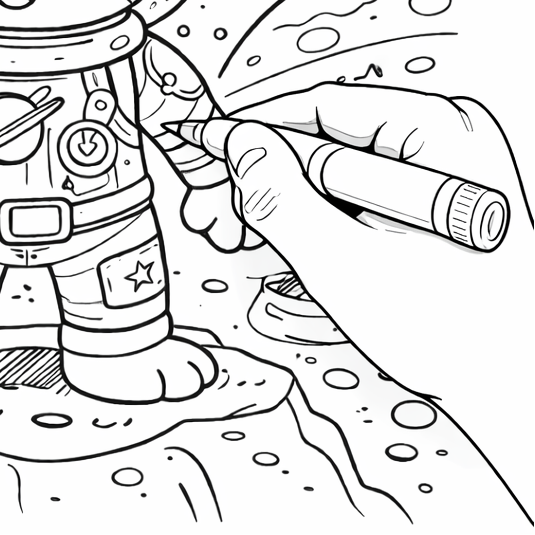Coloring page of a space cat in an astronaut suit with planets and stars around.