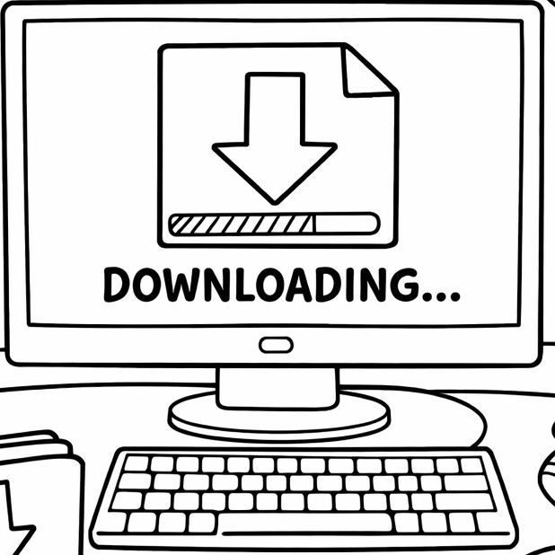 Illustration of a computer setup with downloading text and various icons on a white background