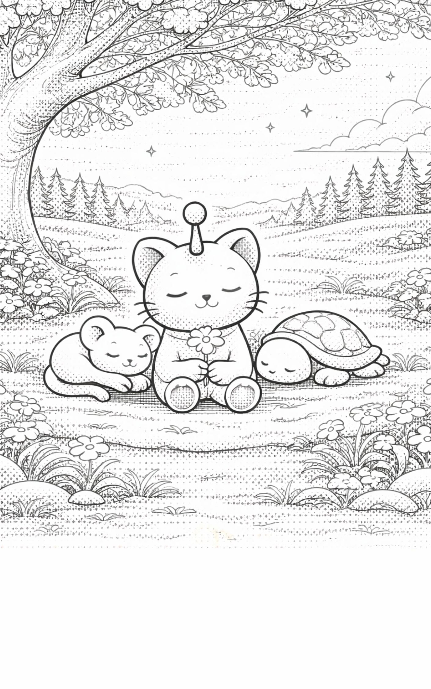 Illustration of a cat, mouse, and turtle in a forest setting with a tree and flowers.
