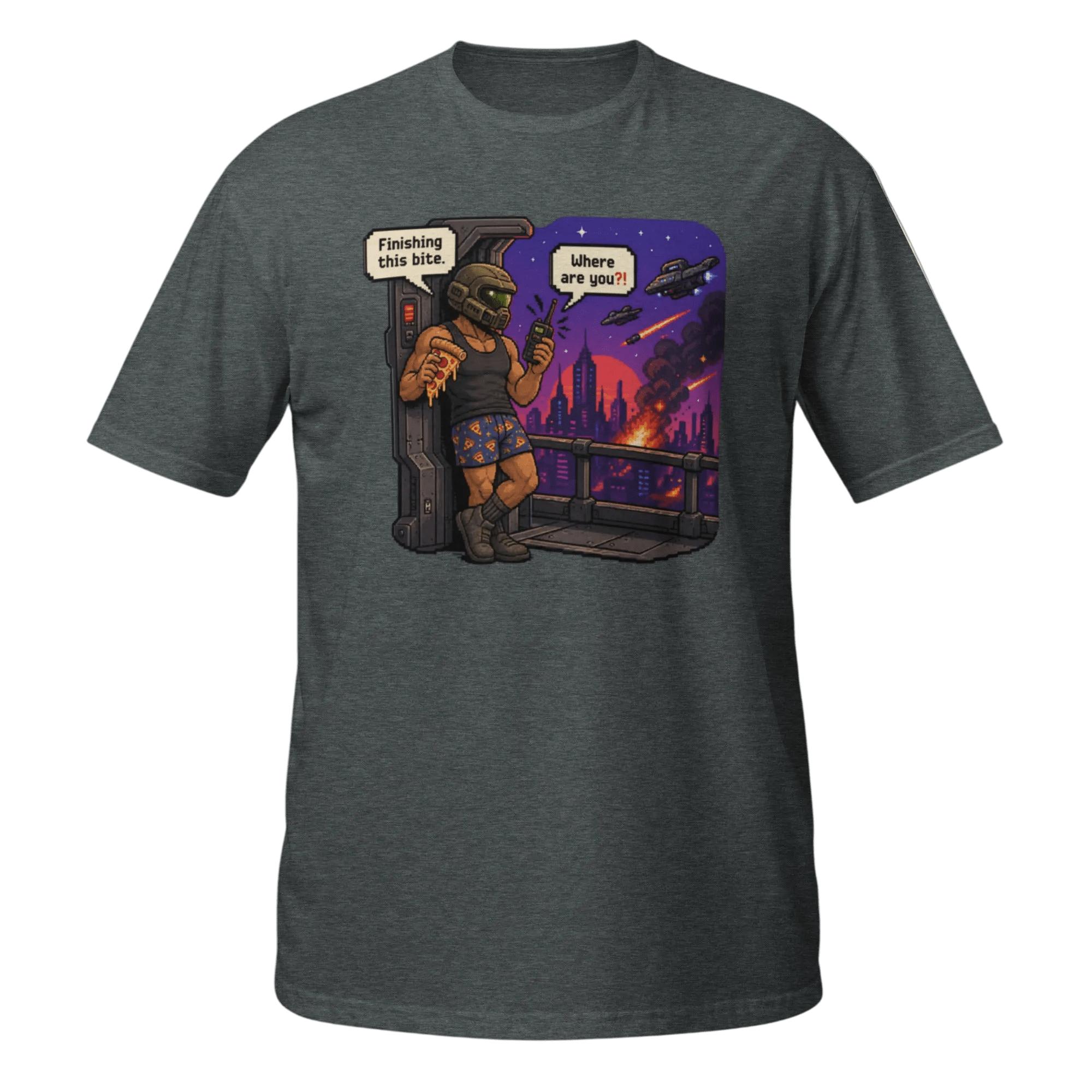 Finishing This Bite – Retro Space Soldier Pixel Tee - CometColors