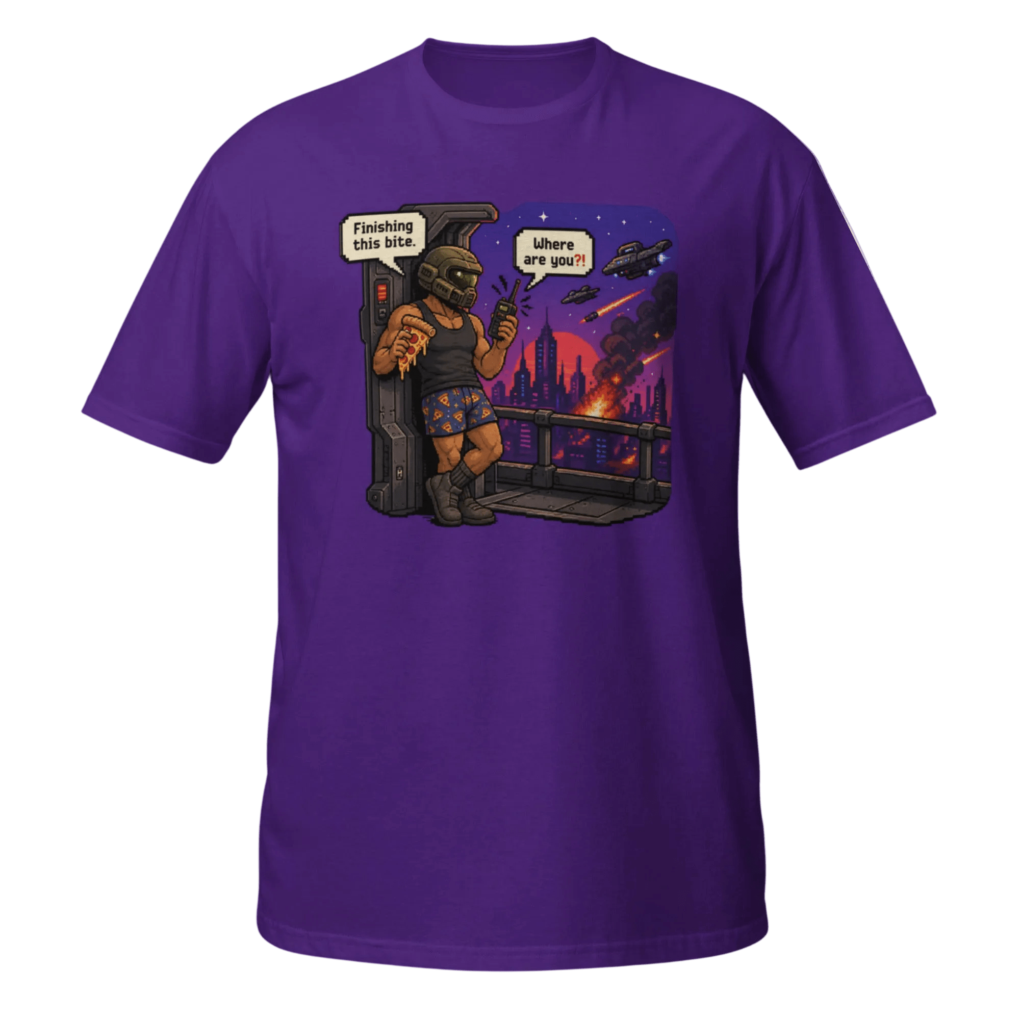 Finishing This Bite – Retro Space Soldier Pixel Tee - CometColors