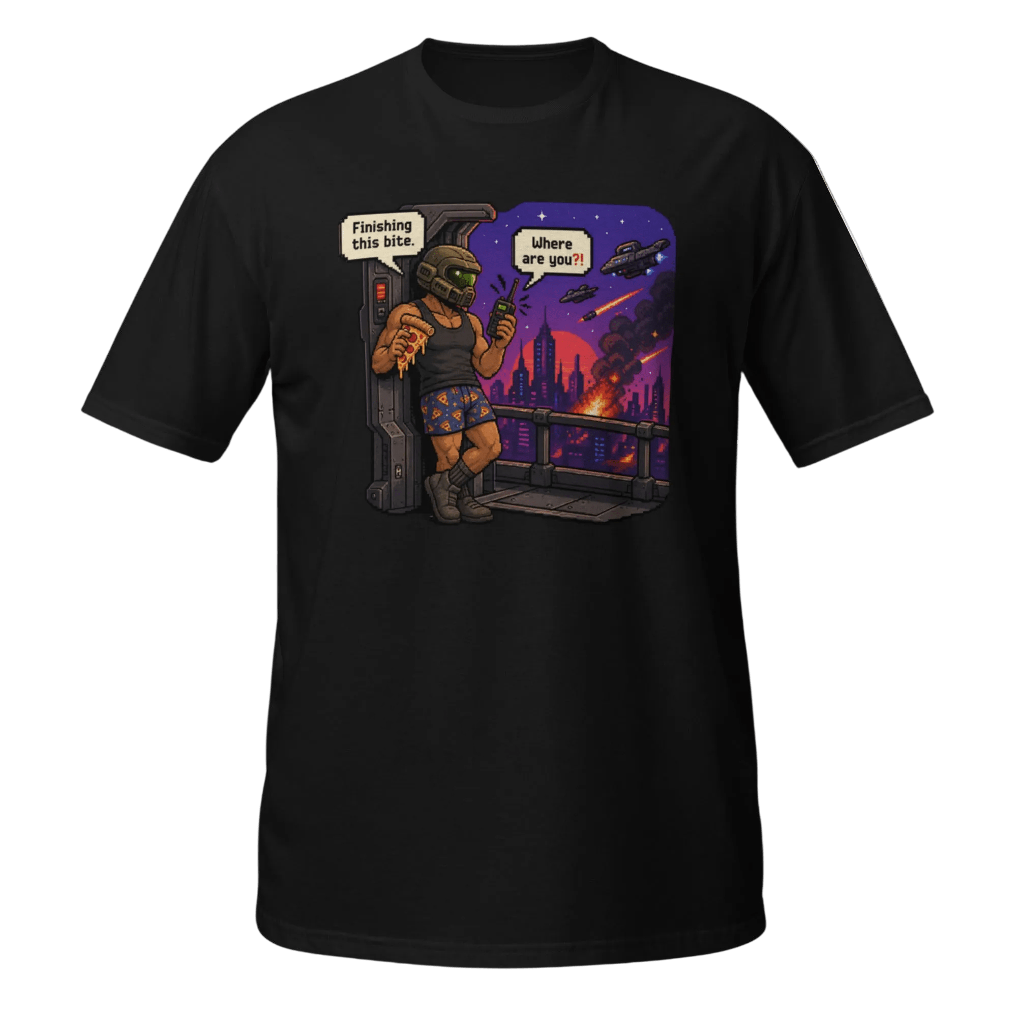 Finishing This Bite – Retro Space Soldier Pixel Tee - CometColors