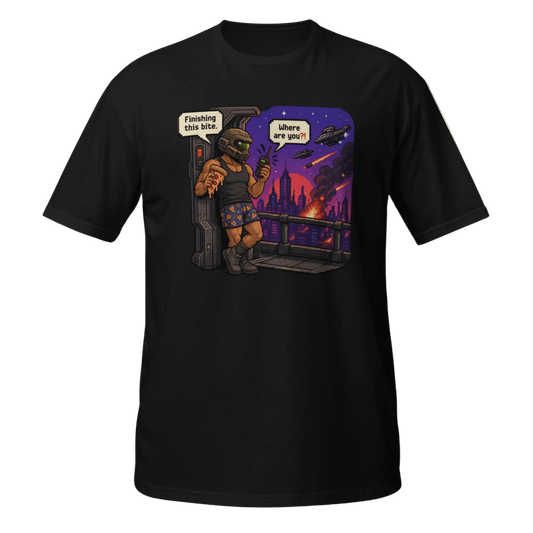 Finishing This Bite – Retro Space Soldier Pixel Tee - CometColors