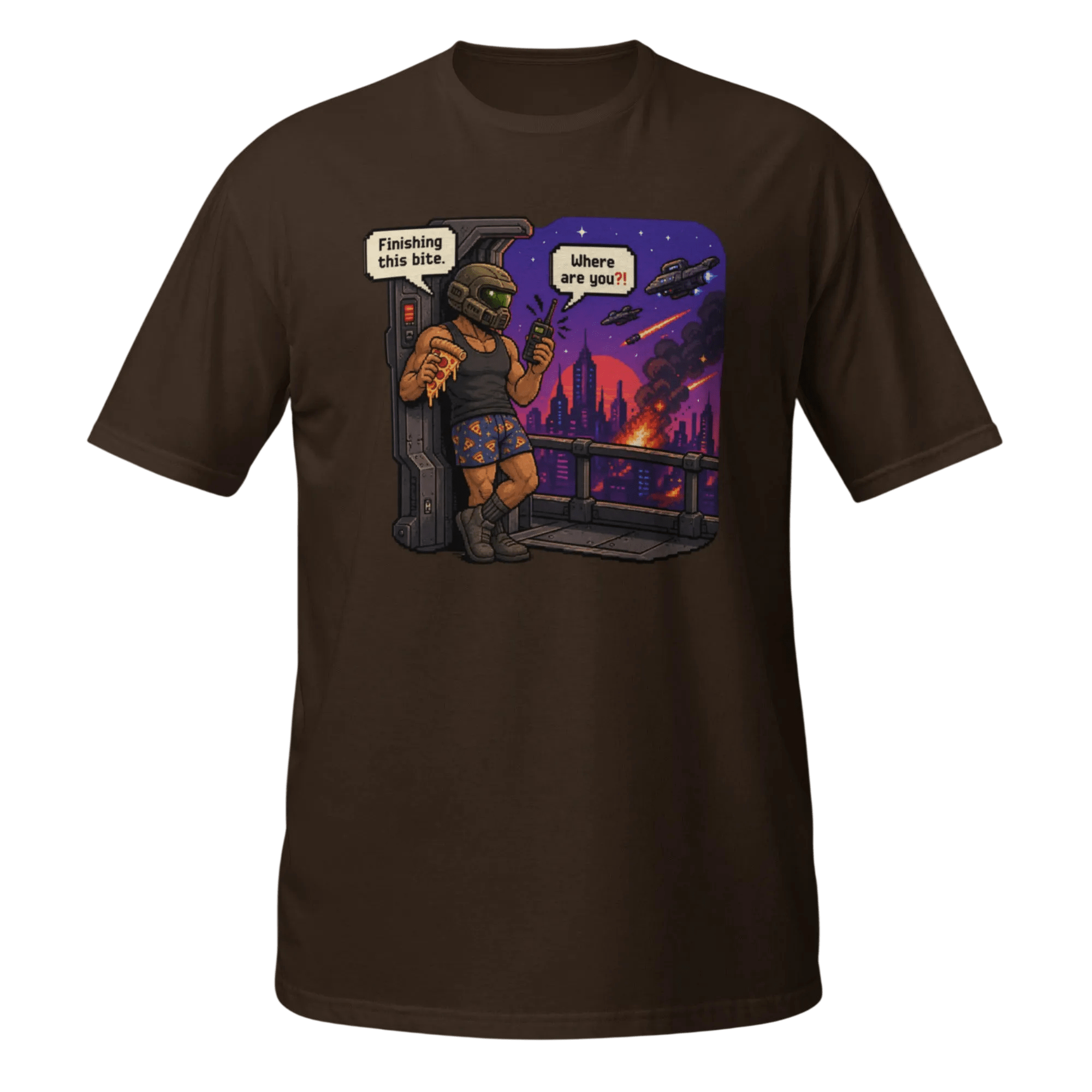 Finishing This Bite – Retro Space Soldier Pixel Tee - CometColors
