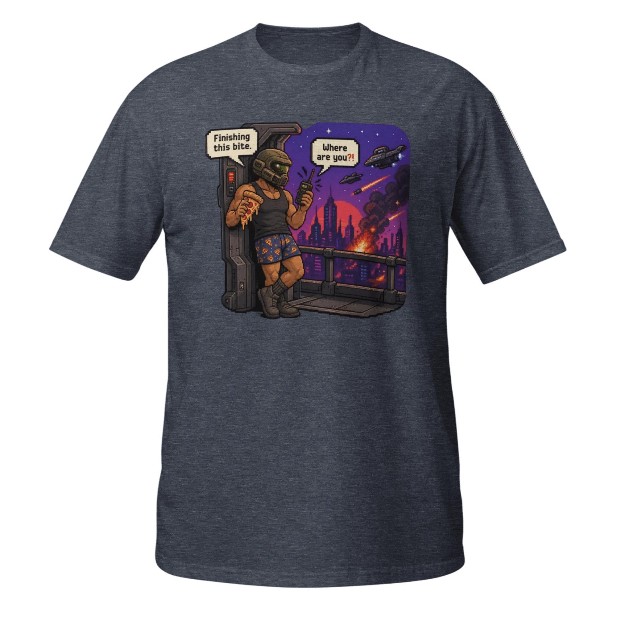 Finishing This Bite – Retro Space Soldier Pixel Tee - CometColors