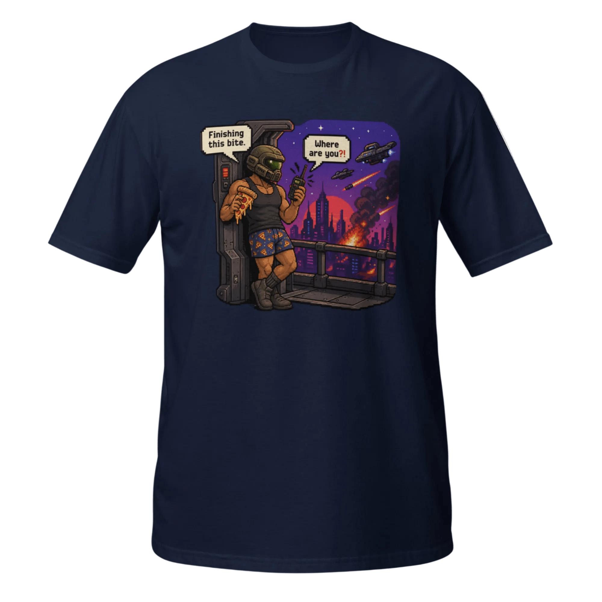 Finishing This Bite – Retro Space Soldier Pixel Tee - CometColors